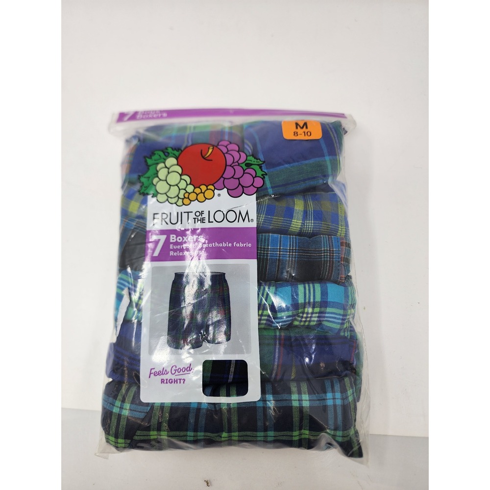 Fruit of the Loom Boys Plaid Boxers Blue Cotton Blend Casual Size Medium 8-10